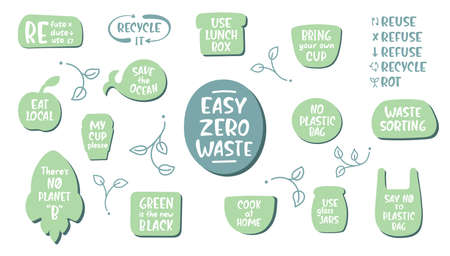 Collection of ecology stickers with lettering slogans. Easy zero waste, save the planet, recycle. Bundle of decorative design elements about Environment protection. Flat vector illustration.のイラスト素材
