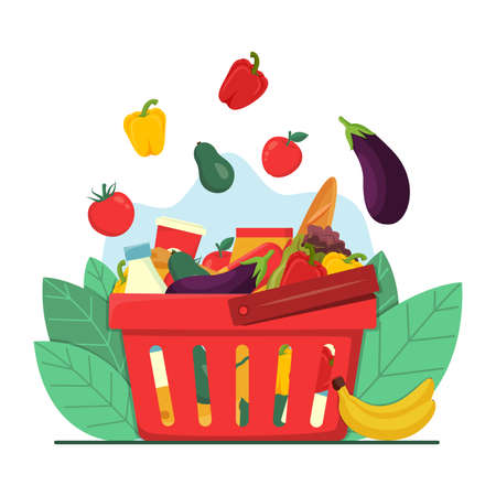 Grocery shopping concept. Red plastic shopping basket full of groceries products. Fruits and vegetables falling down into basket, concept for retail. Grocery store. Healthy organic fresh natural food.のイラスト素材
