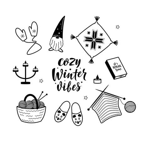 Big set of hygge lifestyle cozy elements. Cozy winter vibes. Winter elements for greeting cards, posters, stickers and seasonal design. Isolated on white. Christmas decorationsのイラスト素材