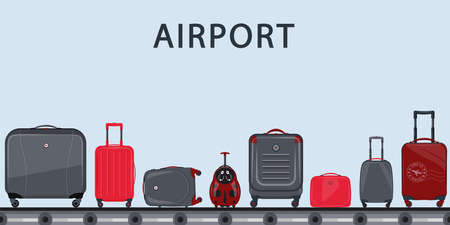 Airport conveyor belt with passenger luggage. Suitcase set. Airport baggage belt, luggage for travel, terminal conveyor. Baggage claim at terminal airport. Vector illustration, travel conceptのイラスト素材