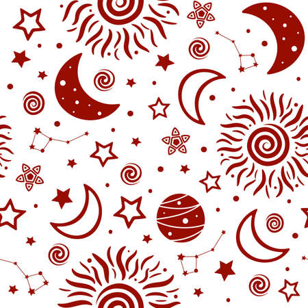 Seamless pattern with sun, stars, planet and moon. Vector illustration. Print for textile, yoga mat, phone case, wrapping paper.のイラスト素材
