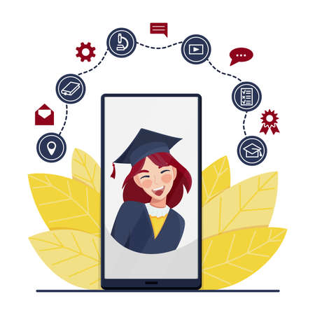 Happy graduate student girl in academic dress and graduation caps. Class of 2020 online virtual Graduation video conference. Quarantine social distancing. Vector illustration. COVID-19 Pandemic.のイラスト素材