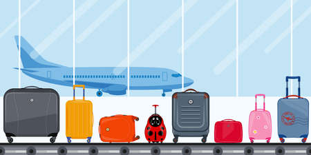 Airport terminal. Conveyor belt with passenger luggage and airplane. Airport baggage belt, luggage for travel, suitcases. Baggage claim at terminal airport. Vector illustration, travel conceptのイラスト素材