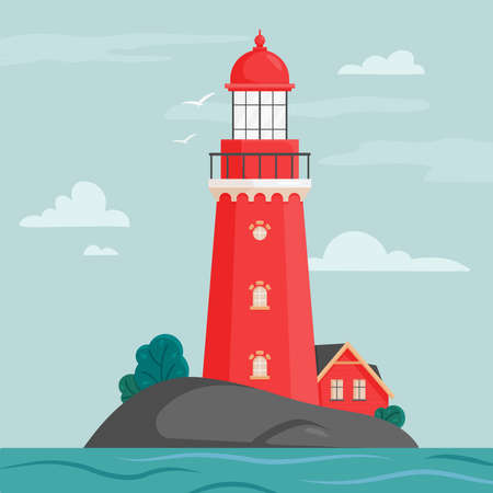 Lighthouse on island in flat style. Coastline landscape with beacon. Faros on seashore, lighthouse on the rock in stormy landscape. Hope symbol, expectation, solitude concept. Vector illustration.のイラスト素材