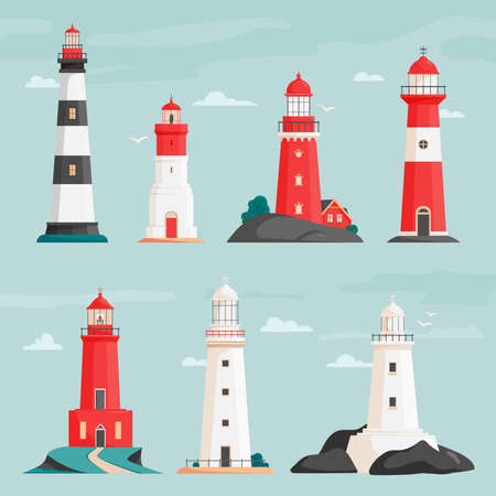 Set of vector lighthouses on islands in flat style. Coastline landscape with beacon. Faros on seashore, lighthouse on the rock in stormy landscape. Hope symbol, expectation, solitude concept.のイラスト素材