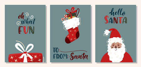 Set of vertical Merry Christmas Cards with Santa Claus, Ð¥mas sock, Gift Box and handwritten lettering. Vector design element. For covers, invitations, posters, banners, flyers, placards ..のイラスト素材