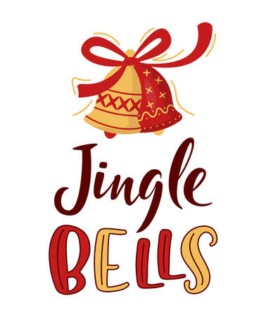 Jingle Bells hand lettering sign with decorated bells. Cute colorful text isolated on white. Xmas and New Year vector celebration sign for winter holiday design, postcard, banner, t-shirt print, tag.のイラスト素材