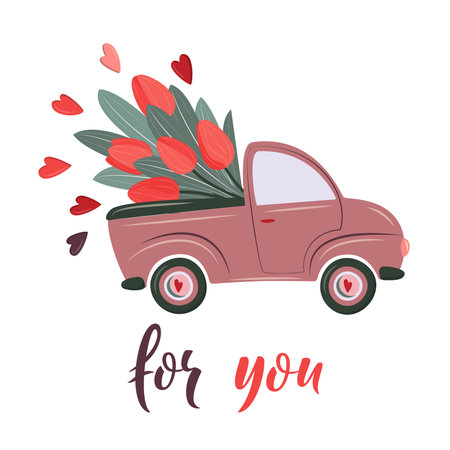Cute retro wagon delivering flowers. Special delivery. Valentine's day, birthday or wedding concept. Love, Romantic vector illustration in flat cartoon style. For card, banner, invitation.のイラスト素材