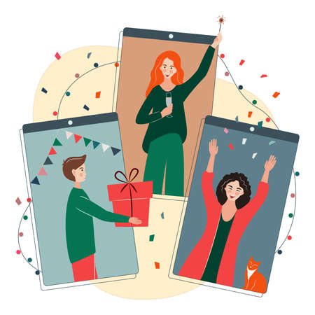 People celebrate Christmas or New year or birthday online. Friends meeting via internet using phone during coronavirus outbreak; celebrating holidays together, drinking champagne, exchanging gifts.のイラスト素材