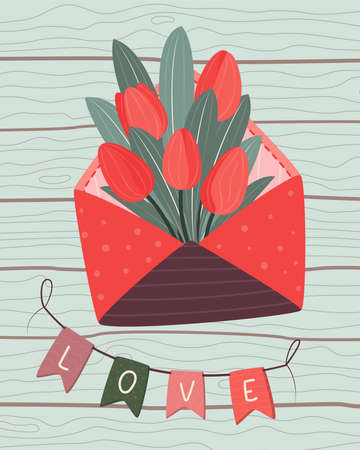 Love letter, envelope with tulips on wooden table. Valentine's day flat lay. Love garland. Romantic objects. Happy Valentine's Day. Vector illustration flat design.のイラスト素材