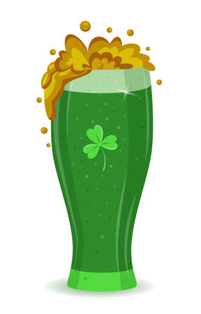 St Patrick's day green beer in flat cartoon style. Vector glass with cold beer on white. Saint Patrick's Day concept Glass with splashing beer. Drink menu for celebration. For card, poster, banner.のイラスト素材