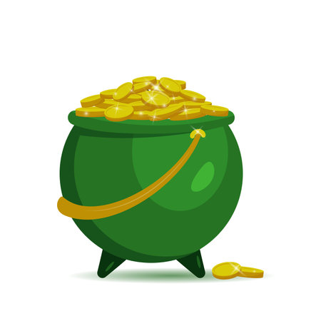 Green pot with gold coins for Patrick's day. Vector illustration isolated on white background. For banner, poster, flyer, card, invitation. Symbol of good luck and wealth.のイラスト素材