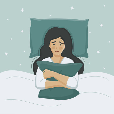 Insomnia woman. Sleepless woman suffering from insomnia. Tired and exhausted Woman in bed with open eyes in darkness night room. Frustrated person with problem. Flat vector illustration.のイラスト素材