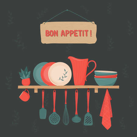 Set of kitchen accessory on shelves and Bon Appetit sign on dark background. Vector kitchen tools. Kitchen shelves. Household utensil and cutlery, crockery. Cooking equipment, food preparation theme.のイラスト素材