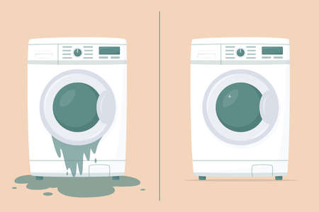 Washing machine in flat style. Broken washing machine with water on floor. Front view, close-up. Household appliances. Lifetime warranty. Flood the neighbors. Money back guarantee. Vector illustration.のイラスト素材