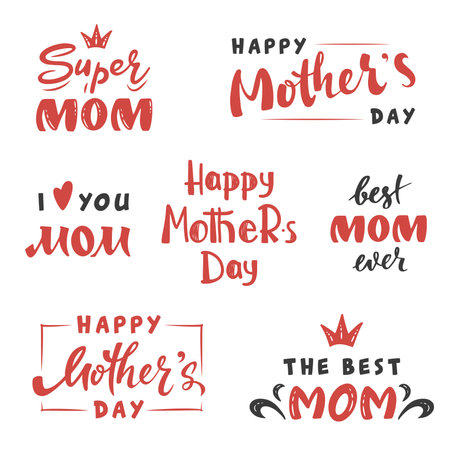 Mother's Day lettering set. Mother's day quote for sticker, greeting cards, posters. Handwritten text bundle. Hand drawn mother holiday text doodle collection on isolated white background.のイラスト素材