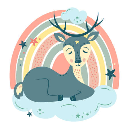 Nursery Vector illustration in cartoon style. Cute deer sleeping on cloud, rainbow and stars. For baby room, baby shower, greeting card, textile print. Hand drawn nurseryのイラスト素材