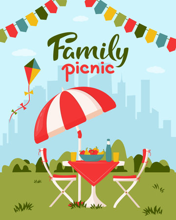 Family picnic concept. Outdoor picnic in a park. Served table with chairs, kite, garlands and umbrella. Vector flat illustration for poster, banner. Spring or Summer picnic background.のイラスト素材