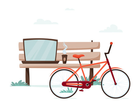 Bench with laptop, coffee and bike in the city park. Freelancer or student workplace. Urban city street style, online education or remote working concept.のイラスト素材