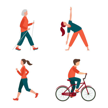 Outdoor activity. Different people set isolated on white. Male and female have outdoor activity. Jogging, riding bicycle, nordic walking, outdoor yoga. Recreation, sport vector illustration.のイラスト素材