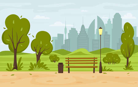 City summer park with green trees and bushes, park bench, walkway, lantern and city silhouette. Town and city park landscape nature, panoramic banner. Urban outdoor. Vector illustration in flat style.のイラスト素材