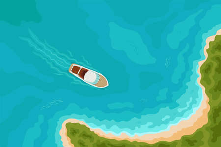 Summer holiday background with speed boat sailing to a sandy beach on tropical island. Top aerial view. Bird eye view, water sport theme, tourism, yacht rental, adventures, vacation, cruising.のイラスト素材
