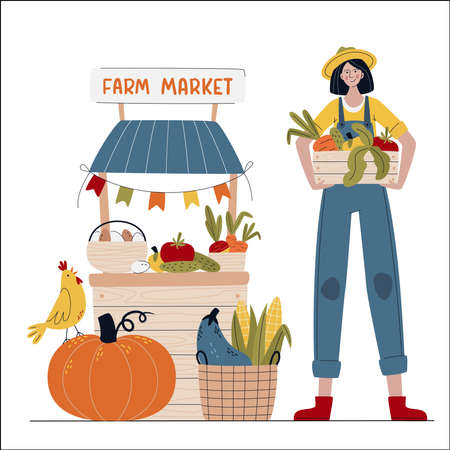 Farmer woman in modern style selling fruits and vegetables. Farm Market or Eat Local concept. Buy fresh organic products from the local farmer's market. Cartoon vector illustration.のイラスト素材