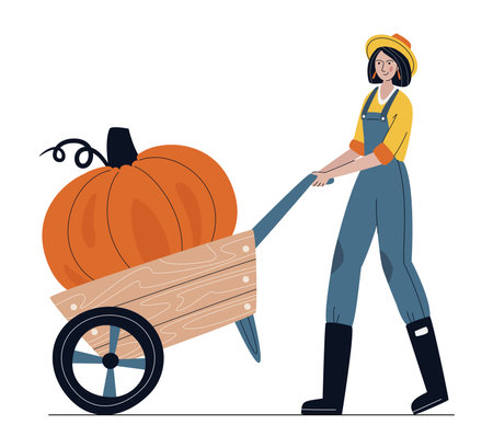 Farmer woman in modern style with a huge pumpkin in a wheelbarrow. Harvest Festival or Farm Market concept. Fresh organic products from the local farmer's market. Cartoon vector illustration.のイラスト素材