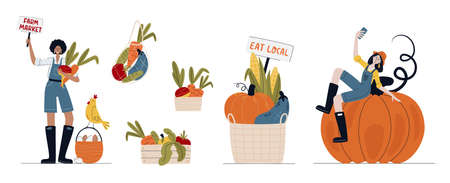 Farm Market, Harvest festival or Eat Local concept. Set of farmer women in modern style with vegetables. Buy fresh organic products from the local farmer's market. Cartoon vector illustration.のイラスト素材