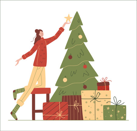 Modern young woman is decorating the Christmas tree. Merry Christmas concept. Preparation for holiday celebration. Colorful vector illustration in flat cartoon style.のイラスト素材