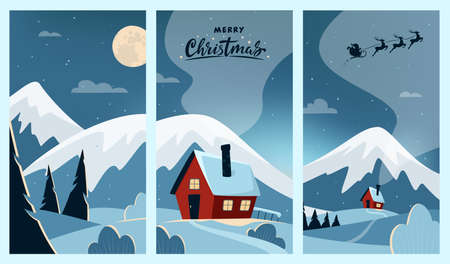 Vector set of Night Winter Mountains landscape. Winter houses, pines and hills. For banners, posters, cover design templates, social media stories wallpapers. Vector illustration.のイラスト素材