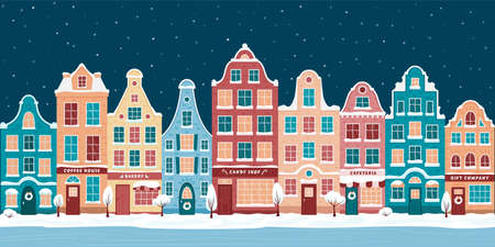 Winter Europe old town street. City landscape set with decorative old buildings. Winter town. Christmas town illustration. Seamless pattern. Vector illustration in flat style.のイラスト素材