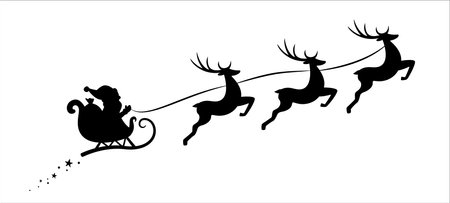 Silhouette of Santa Claus riding in a sleigh with Three Flying Reindeers. Holiday Season Symbol - Christmas, XMas, X-Mas. Vector illustration.のイラスト素材