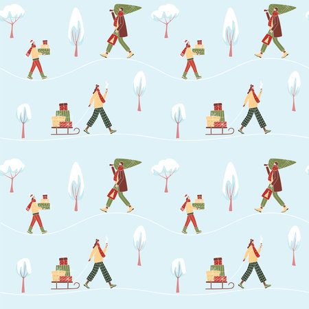 Winter seamless pattern with people carrying gift boxes and Christmas tree and snowy trees. Winter holidays, Christmas or New Year. Vector illustration background.のイラスト素材