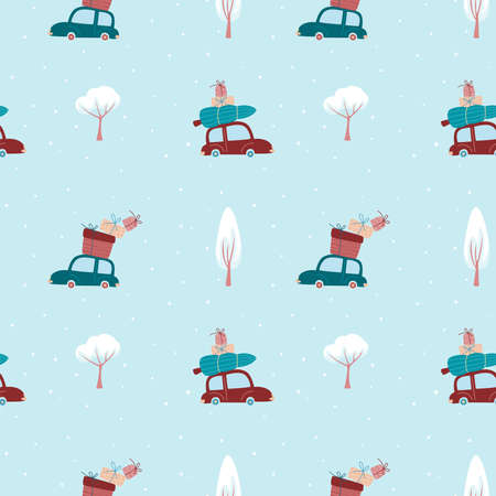 Winter seamless pattern with retro cars, gifts and snowy trees. Winter holidays, Christmas or New Year concept. Vector illustration background.のイラスト素材