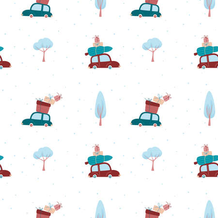 Winter seamless pattern with retro cars, gifts and snowy trees. Winter holidays, Christmas or New Year concept. Vector illustration background.のイラスト素材
