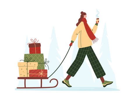 Modern young woman carrying a sled with gift boxes. Vector flat illustration. Positive festive person with presents. Winter shopping, Xmas sale, Boxing day, Christmas market conceptのイラスト素材
