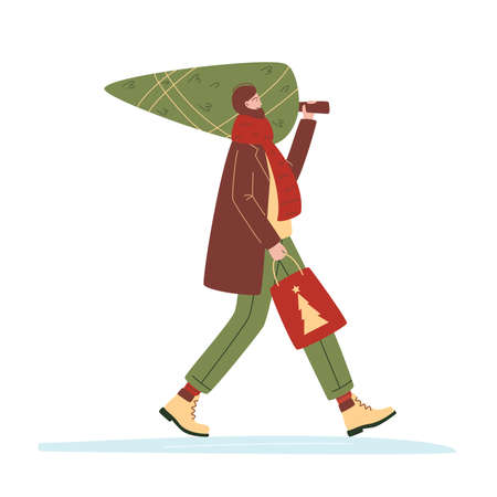 Modern young man carrying Christmas tree and gift bag. Preparation for winter holidays. Christmas Fair, Market or Winter Sale concept. Positive festive character isolated on white. Vector illustrationのイラスト素材