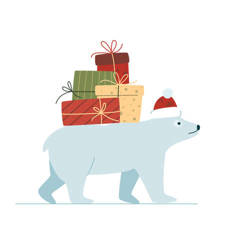 Polar bear carrying gift boxes. Positive festive bear with presents. Winter shopping, Xmas sale, Boxing day, Christmas market concept. Vector flat illustration.のイラスト素材
