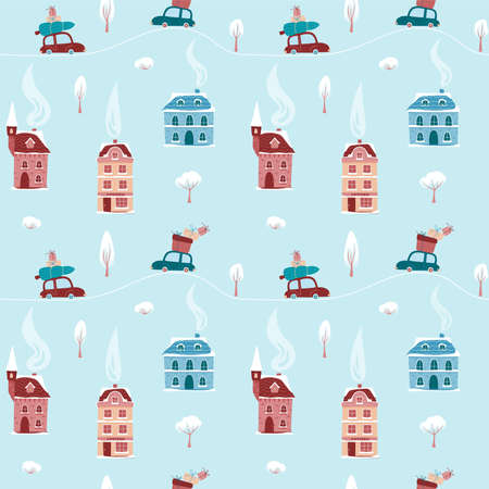 Winter seamless pattern with vintage houses. Winter holidays, Christmas or New Year concept. Vector illustration background.のイラスト素材