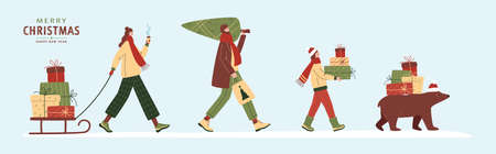 People and bear carrying gift boxes and christmas tree. Vector flat illustration. Positive festive persons with presents. Winter shopping, Xmas sale, Boxing day, Christmas market conceptのイラスト素材