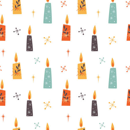 Minimalistic Christmas seamless pattern with candles and stars in Vintage design style. Mid Century Modern Vector Illustrations.のイラスト素材