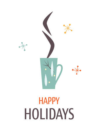 Minimalistic Greeting card with cup and Happy Holidays text in Vintage design style. Mid Century Modern Vector Illustrations. Seasons greeting.のイラスト素材