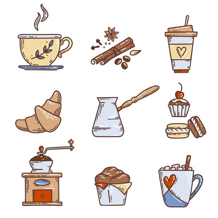 Hand drawn colored coffee set. Vector sketch illustration set with cup, cezve, spices, coffee grinder, croissant and other desserts. Menu design for cafe and restaurant.のイラスト素材