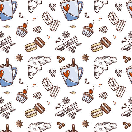 Vector hand drawn sketch style tea or coffee pattern. Coffee or cocoa cup with marshmallow, spices and coffee beans, macaroons, cake, croissant. vector illustration.のイラスト素材