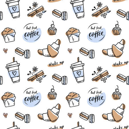 Vector hand drawn sketch style coffee pattern with lettering sign. Coffee cup, spices and coffee beans, macaroons, cake, croissant, phrase but first, coffee. vector illustration.のイラスト素材