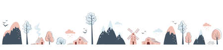 Minimalistic seamless border with mountains, trees, houses and windmill on white background. Landscape in limited colours. vector illustration.のイラスト素材