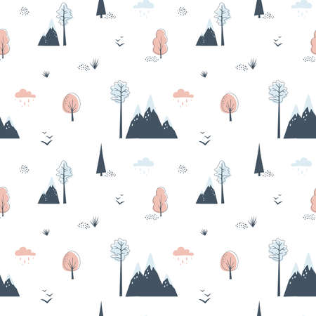 Minimalistic seamless pattern with mountains and trees on white background. Northern landscape in limited colors. vector illustration.のイラスト素材