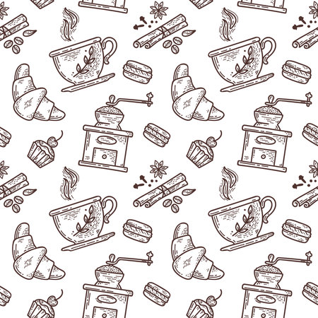 Vector hand drawn sketch style coffee seamless pattern. Cups of coffee, spices and coffee beans, macaroons, cake, croissants, coffee grinder. vector illustration.のイラスト素材
