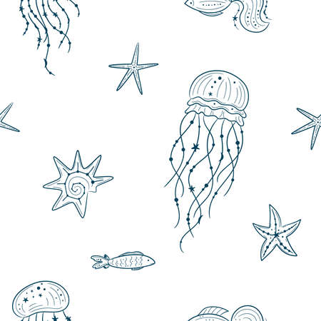 Seamless pattern with seashells, jellyfish and starfishes. Marine minimal background. For printing,...